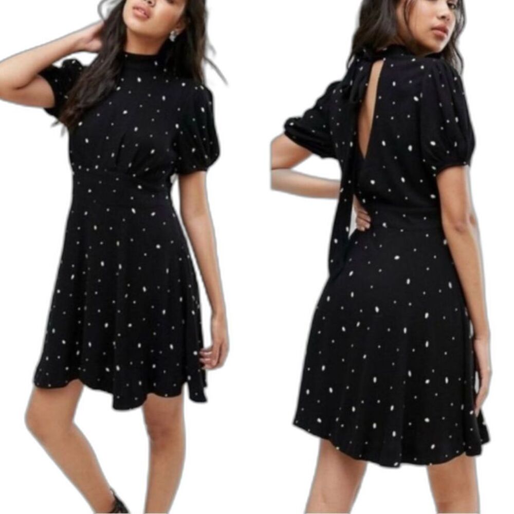 Free People Abbie Printed Polka Dot Dress size 2 Black White Mod Traditional